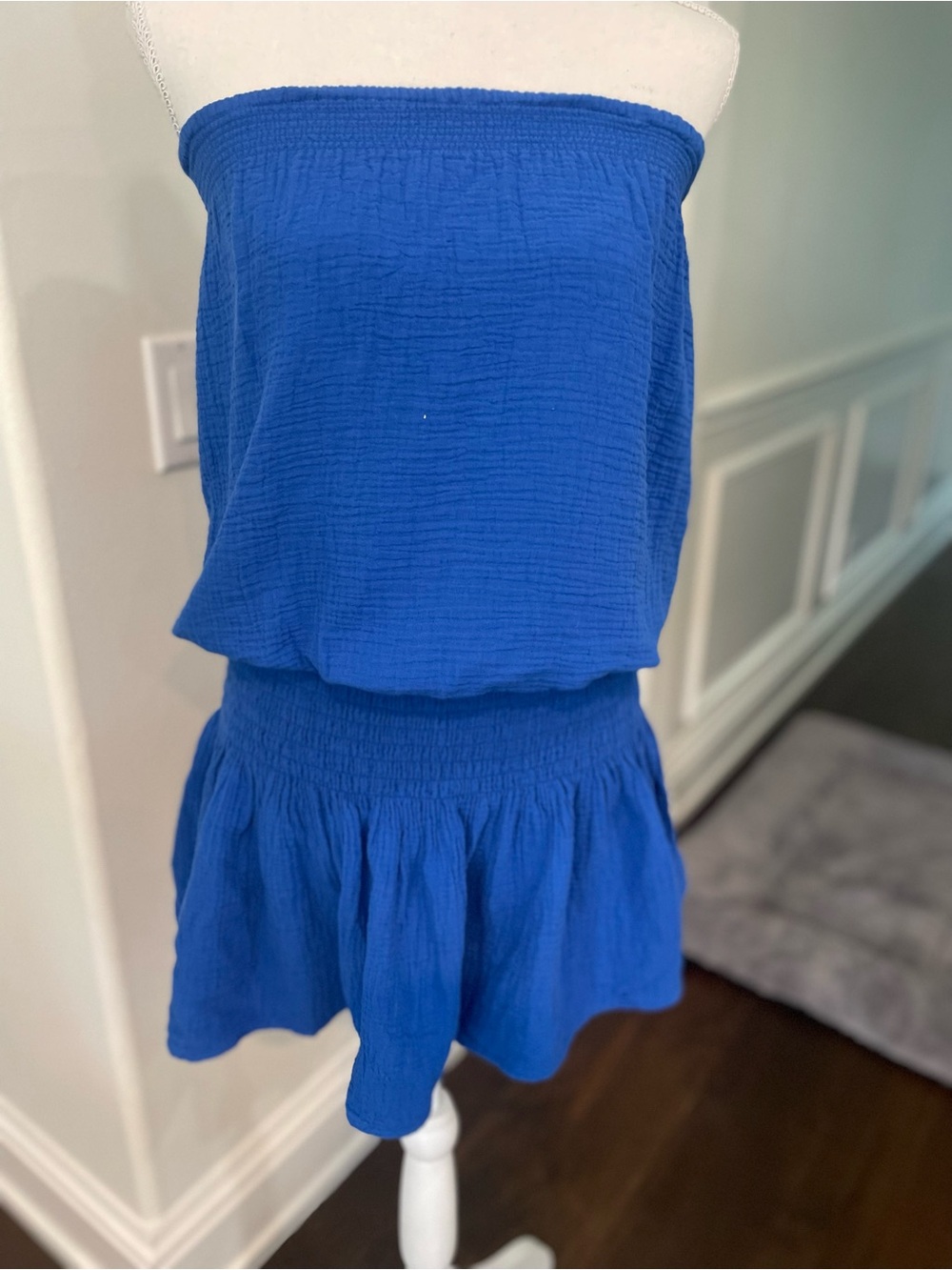 bobi Cobalt Blue Strapless Gauze Tiered Mini Dress